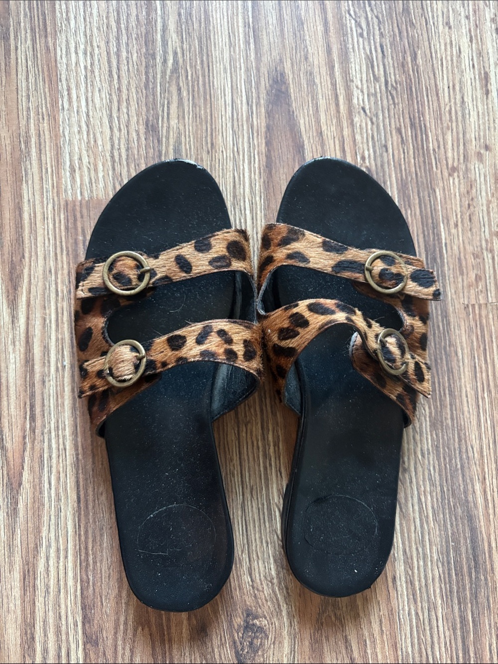 J Crew calf hair double Buckle Slide Sandals - Black Footbed